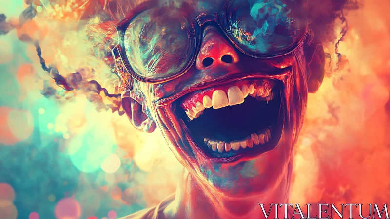 Laughing nebula face ignites in neon cosmic carnival light.