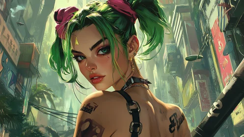 Neon alley rebel girl with emerald hair and urban fire gaze.