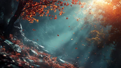 Autumn leaves fall through misty forest canyon with golden sunlight