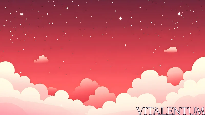 Pink gradient night sky shows rounded clouds and stars