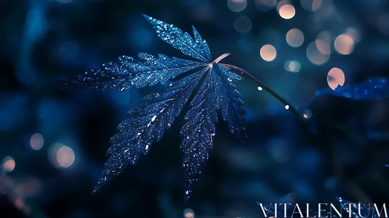 Midnight leaf glimmering with tiny stories of dew.