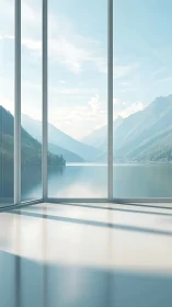 Minimalist lakeside interior with panoramic glazing system.
