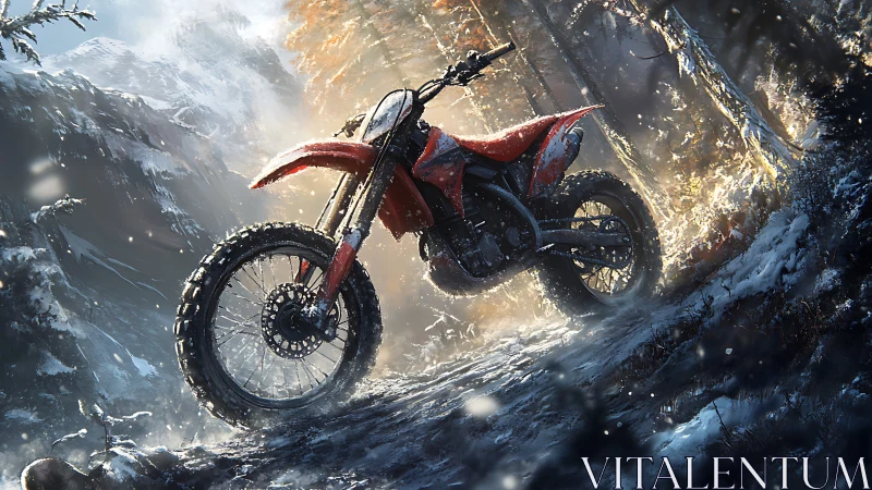 Red enduro motorcycle ascends snowy forest trail at dawn.