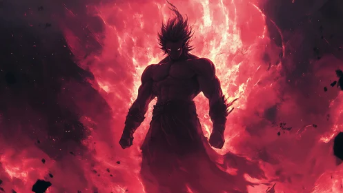 Silhouetted muscular warrior in red inferno energy field.