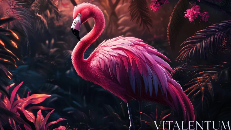 High-saturation flamingo study under stylized jungle rim lighting