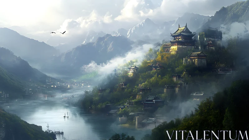 Mist-draped mountain citadel above a tranquil river realm.