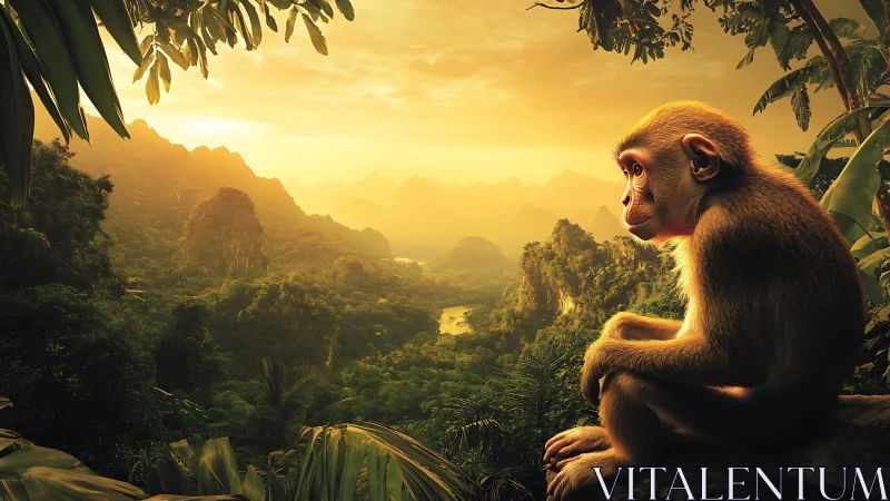 Golden hour monkey overlooks lush misty jungle valley.