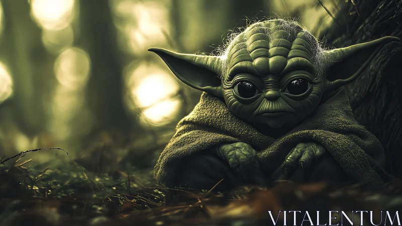 Cute green alien creature wrapped in blanket in forest.