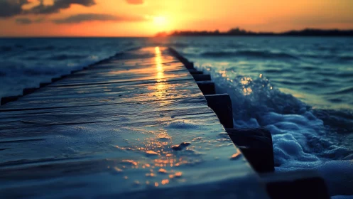 Sunlit boardwalk guiding gentle waves into the sunset.