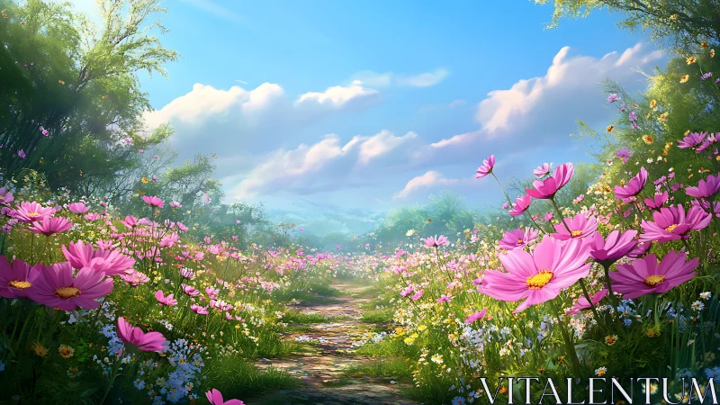 Spectral depth rendering of sunlit wildflower corridor.