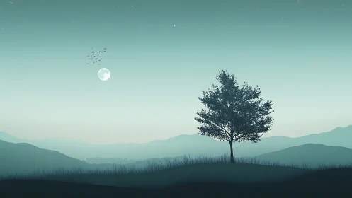 Silent moonlit tree over misty teal mountain horizon.
