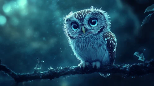 Adorable Baby Owl with Big Eyes in Dreamy Nighttime Forest Art.