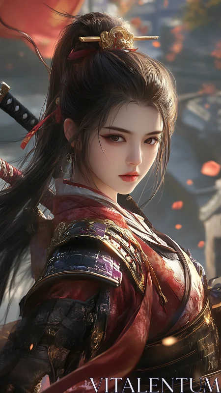 Elegant warrior heroine gazes back with quiet, steady resolve