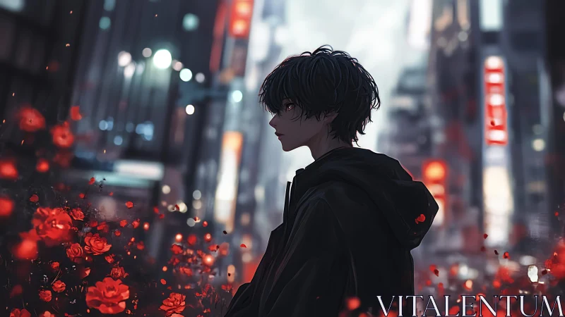 Solitary anime boy walks through neon city of red roses