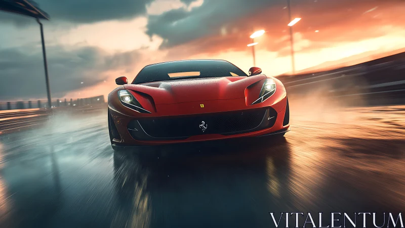 Red supercar speeding on wet racetrack at sunset.