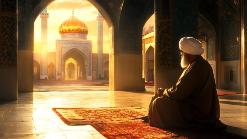 Golden sunrise bathes peaceful courtyard in gentle devotion