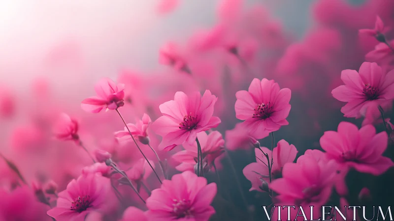 Pink Cosmos Flowers in Soft Focus Field.