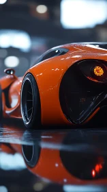 Low-angle macro view analyses wet orange supercar rear aero surfaces