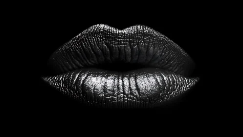 Close-up of metallic silver lips on black background.