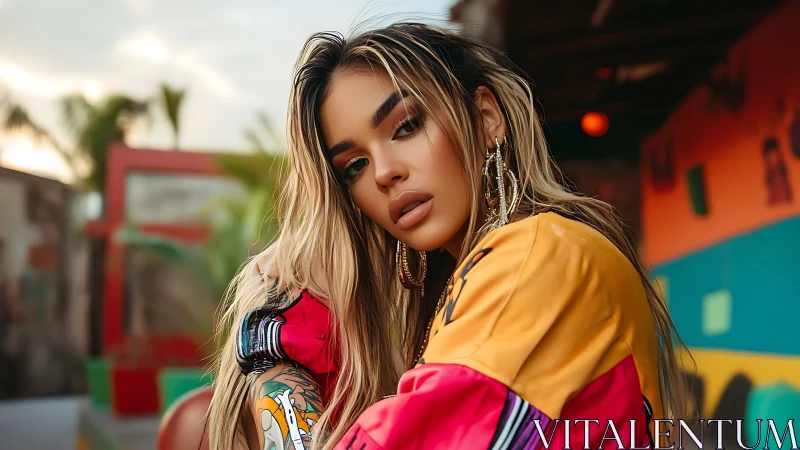 Sunset street portrait with bold color and quiet confidence.