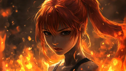 Anime character with glowing red hair surrounded by fire.