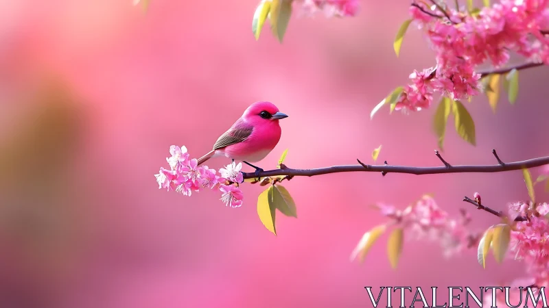 Vibrant pink bird perched on blooming cherry blossom branch, soft focus.