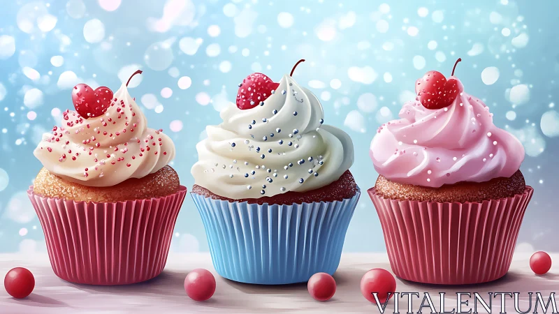 Three decorative cupcakes with frosting and cherry garnish.