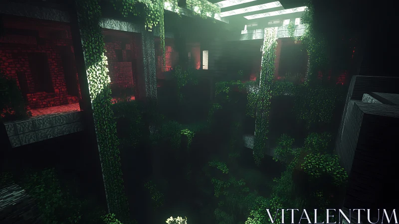 Volumetric-lit voxel atrium with overgrown vines in red-tinged ruins