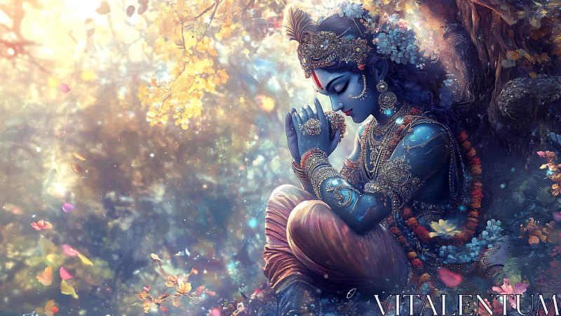 Divine blue figure meditates under luminous forest canopy