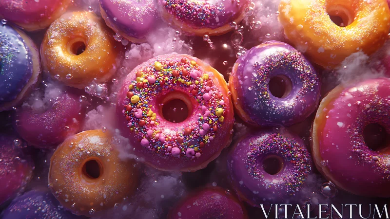 Neon frosted donuts drifting in a dreamy sugar bubble bath.