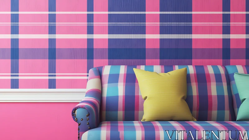 Colorful plaid sofa against bold pink tartan wall.