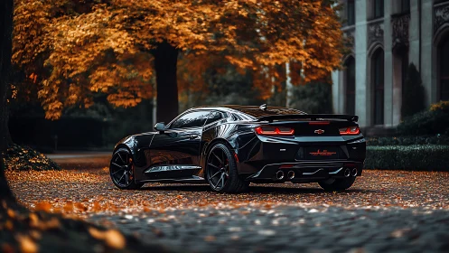 Black Chevrolet Camaro coupe parked on cobblestone road in autumn