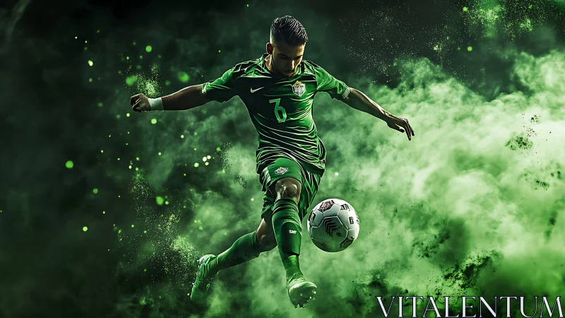 Dynamic footballer kicks ball amid swirling neon green smoke.