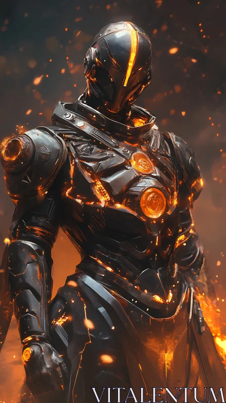 Molten-core cybernetic warrior in ember-lit armor stance.