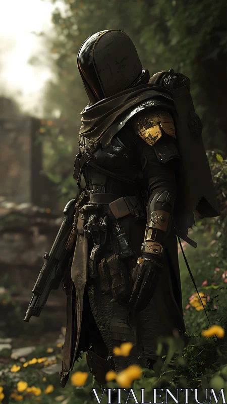Armored sci‑fi ranger stands armed in sunlit overgrown ruins