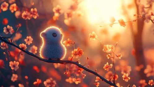 Dawnlit fluff creature perched among glowing blossom boughs.