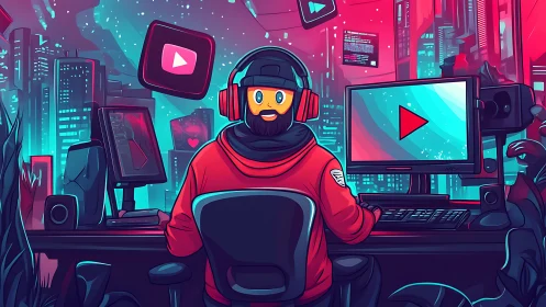 Streamer at neon workstation controls cyber-noir video hub