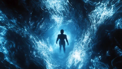 Digital painting silhouette in luminous aqueous vortex corridor.