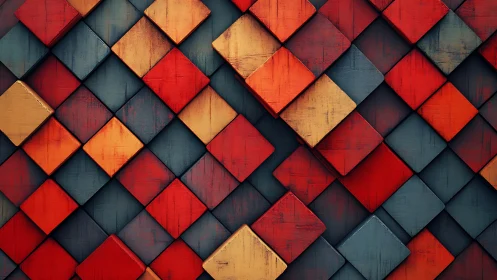Layered red and gold cubes form a bold geometric surface