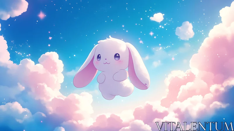 Celestial pastel bunny character floating in luminous cloudscape