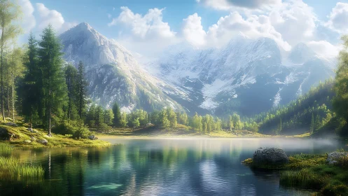 Digital painting alpine lake panorama with luminous forests.