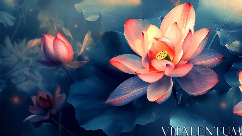 Luminous Lotus Flowers Blooming in Serene Water Garden