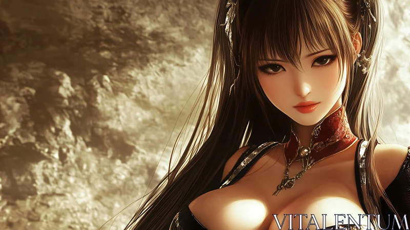 Elegant long‑haired anime woman in ornate dress portrait.