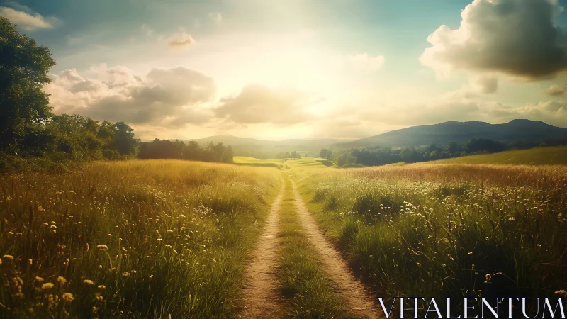 Sunlit country path drifting into soft painted horizons.