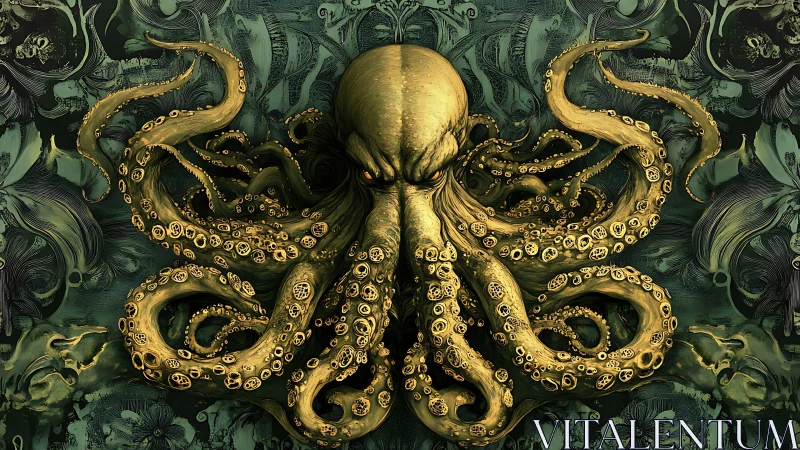 Golden octopus spreads coiled tentacles over ornate teal