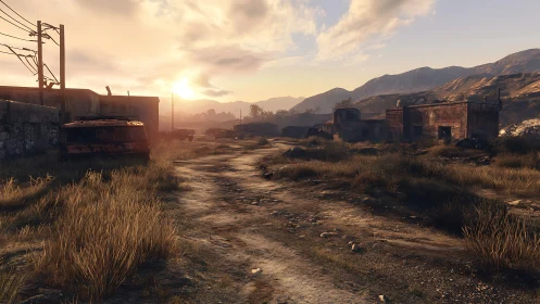Sunlit dirt road through abandoned desert outpost ruins.