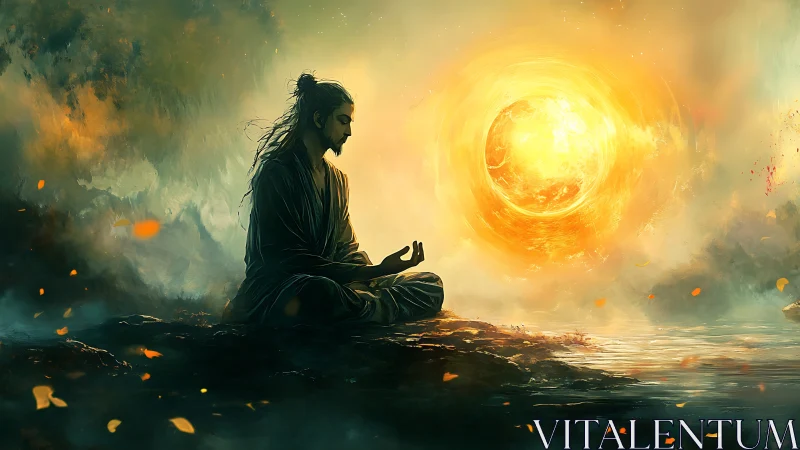 Seated figure meditating by water before luminous orb.