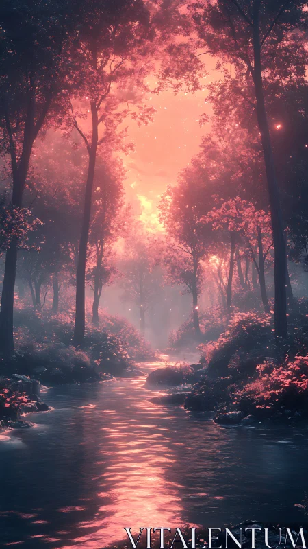 Luminescent forest avenue with atmospheric volumetric rendering and warm light rays