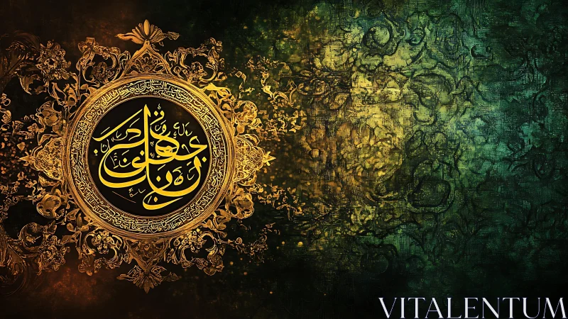 Ornate Arabic calligraphy medallion on textured emerald field.