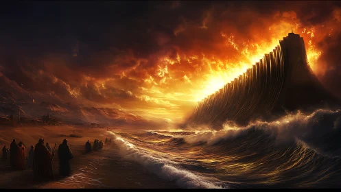 Ocean wall erupts under burning sky as robed pilgrims watch.